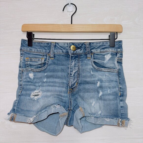 American Eagle Super Stretch Women's Size 4 Medium Wash High Rise Shortie Shorts - Picture 2 of 6